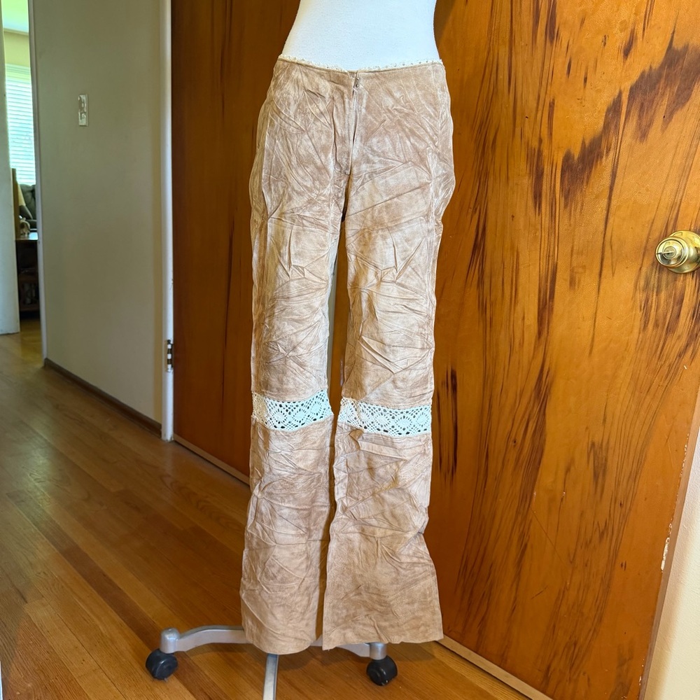 Boho Crinkled Lace-Accent Tan Flared Leather Pants